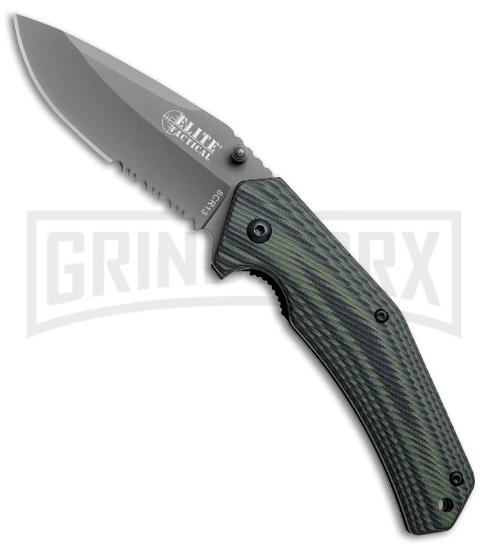 Elite Tactical A1022 Green/Black Micarta Spring Assisted Knife - Gray Serr 3 Elite Tactical A1022 Green/Black Micarta Spring Assisted Knife - Gray Serr