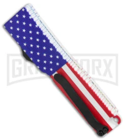 Firecracker Mini US Flag D/A OTF Automatic Knife - Black Dagger Serr -Best Knife Shop Firecracker Mini US Flag DA OTF Auto Black Dagger Serr GX 38225 jr side large