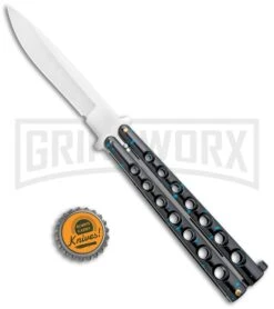 Flick Blue Balisong Butterfly Knife Black/Blue - Drop Point Satin Plain -Best Knife Shop Flick Blue Balisong Butterfly DP Satin GX 36707 jr bottlecap large