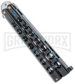 Flick Blue Balisong Butterfly Knife Black/Blue - Drop Point Satin Plain -Best Knife Shop Flick Blue Balisong Butterfly DP Satin GX 36707 jr side large