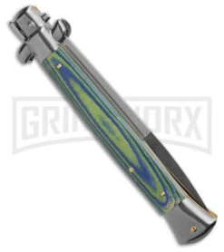 Frank B 11" Italian Stiletto Green/Blue Micarta Automatic Knife - Bayonet -Best Knife Shop Frank B 11in Italian Stiletto Green Blue Micarta AK Bayonet GX 41440 td side large