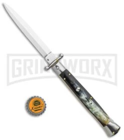 Frank B 11" Italian Stiletto Swinguard Brazilian Dark Horn Automatic Knife -Best Knife Shop Frank B 11in Italian Stiletto Swinguard Brazilian Horn Auto Dagger GX 35903 jr bottlecap large