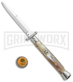 Frank B 11" Italian Stiletto Swinguard Honey Horn Automatic Knife - Bayonet 9 Frank B 11" Italian Stiletto Swinguard Honey Horn Automatic Knife - Bayonet -Best Knife Shop Frank B 11in Stiletto Swinguard Honey Horn Bayo GX 14528 jr bottlecap large