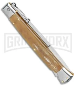 Frank B 11" Italian Stiletto Swinguard Honey Horn Automatic Knife - Bayonet 8 Frank B 11" Italian Stiletto Swinguard Honey Horn Automatic Knife - Bayonet -Best Knife Shop Frank B 11in Stiletto Swinguard Honey Horn Bayo GX 14528 jr side large