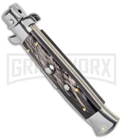 Frank B. 9" Italian Stiletto Dark Horn Automatic Knife - Bayonet -Best Knife Shop Frank B 9in Italian Stiletto Dark Horn Bayo GX 4525 jr spine large