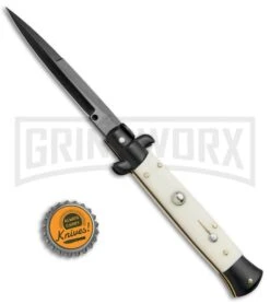 Frank B. 9" Italian Stiletto Simulated Ivory Automatic Knife - Bayonet Black -Best Knife Shop Frank B 9in Italian Stiletto Simulated Ivory Bayo Black BP 20201 jr bottlecap large