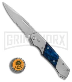 Super Knife Croc Automatic Knife Stainless W/ Blue Inlay - Satin Serr 9 Super Knife Croc Automatic Knife Stainless W/ Blue Inlay - Satin Serr -Best Knife Shop GA303MBL BP 25774 er bottlecap large