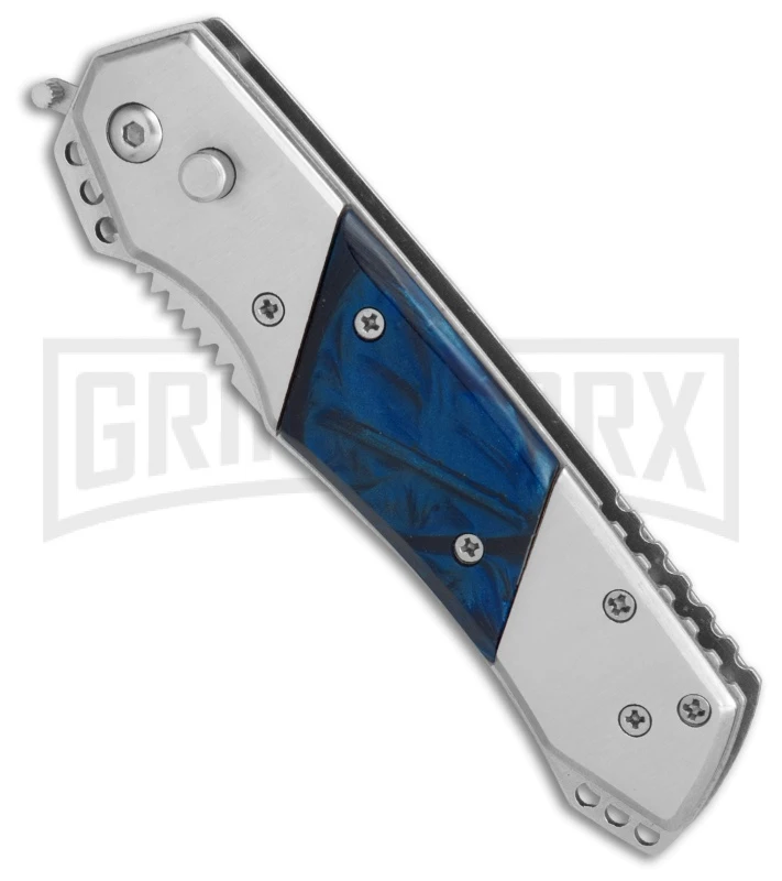 Super Knife Croc Automatic Knife Stainless W/ Blue Inlay - Satin Serr 5 Super Knife Croc Automatic Knife Stainless W/ Blue Inlay - Satin Serr - Image 3