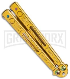Chalkhill Balisong Butterfly Knife - Gold Tanto Skeletonized -Best Knife Shop Gold Balisong Clip Point Butterfly Knife Gold Finish GX 37655 td side large
