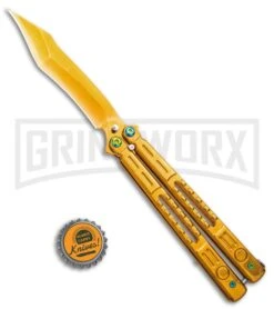 Chalkhill Balisong Butterfly Knife - Gold Tanto Skeletonized -Best Knife Shop Gold Balisong Clip Point Butterfly Knife Gold Finish GX 37655 td size large