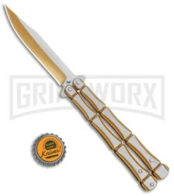 Gold Bone Balisong Drop Point Butterfly Knife - 2 Tone Plain -Best Knife Shop Gold Bone Balisong DP Butterfly TT Plain GX 37370 jr bottlecap large
