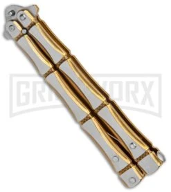 Gold Bone Balisong Drop Point Butterfly Knife - 2 Tone Plain -Best Knife Shop Gold Bone Balisong DP Butterfly TT Plain GX 37370 jr side large