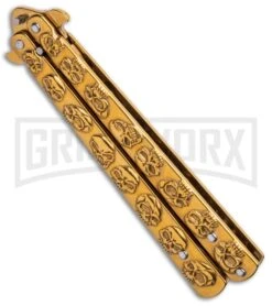 Gold Skull Balisong Butterfly Knife - Gold Plain -Best Knife Shop Gold Skull Balisong Drop Point Butterfly Knife GX 37608 td side large