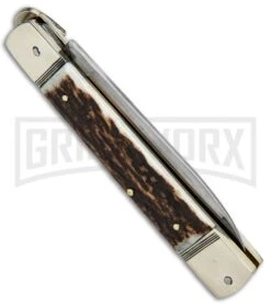 Hubertus 8" Slimline Spear Point Lever Lock Stag Automatic Knife - Satin Plain -Best Knife Shop Hubertus 8in Slimline SP LL Stag Auto Satin 68.112.HH .12 GX 32276 jr side large