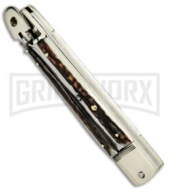 Hubertus 8" Slimline Spear Point Lever Lock Stag Automatic Knife - Satin Plain -Best Knife Shop Hubertus 8in Slimline SP LL Stag Auto Satin 68.112.HH .12 GX 32276 jr spine large