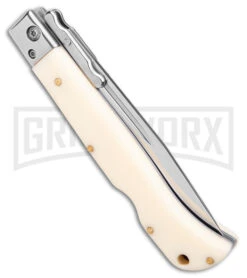Italian Style 9" Roma Ivory Automatic Swinguard - Drop Point Polished Plain -Best Knife Shop Italian Style 9in Roma DP Auto Swinguard Ivory Polished BHQ 175951 jr side large