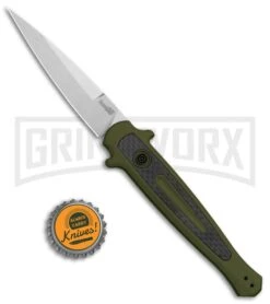 Kershaw Launch 8 Stiletto Automatic Knife Green/CF (3.5" Stonewash) -Best Knife Shop Kershaw Launch 8 Stiletto Auto Green CF SW KER7150OLSW BHQ 105833 jr bottlecap large