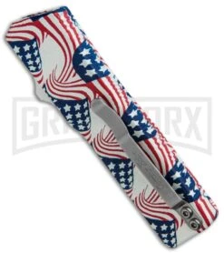 Lightning American Flag D/A OTF Automatic Knife - Tanto Satin Plain -Best Knife Shop Lightning American Flag DA OTF Auto Tanto Satin GX 33329 jr side large