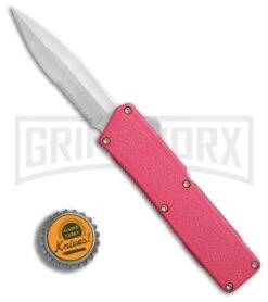 Lightning Pink D/A OTF Automatic Knife - Dagger Satin Serr -Best Knife Shop Lightning Pink DA Dagger Satin Serr BP 27491 er bottlecap large