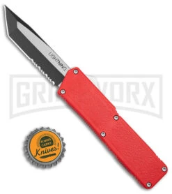Lightning Red D/A OTF Automatic Knife - Tanto Two Tone Serr -Best Knife Shop Lightning Red DA OTF Auto Tanto TT Serr GX 39135 jr bottlecap large