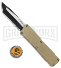 Lightning Tan D/A OTF Automatic Knife - Tanto Two Tone Serrated -Best Knife Shop Lightning Tan DA OTF Auto TT Tanto Serr GX 39048 jr bottlecap large