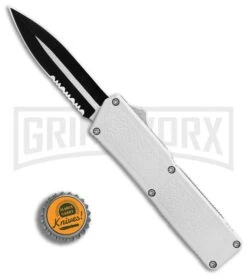 Lightning White D/A OTF Automatic Knife - Dagger Two-Tone Serr -Best Knife Shop Lightning White DA OTF Auto Dagger TT Serr GX 31874 jr bottlecap large