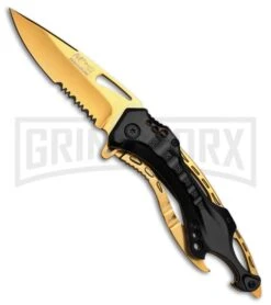 M-Tech Ballistic Black/Gold Spring Assisted Knife - Gold Serr