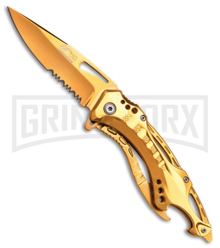 M-Tech Ballistic Gold Spring Assisted Knife - Gold Serr 3 M-Tech Ballistic Gold Spring Assisted Knife - Gold Serr