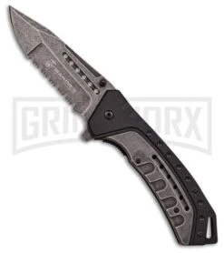 M-Tech USMC Iron Clad Black/Gray Spring Assisted Knife - Black Stonewash Serr