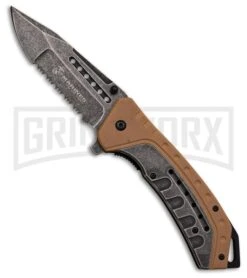 M-Tech USMC Iron Clad Brown/Gray Spring Assisted Knife - Black Stonewash Serr