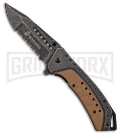 M-Tech USMC Iron Clad Gray/Brown Spring Assisted Knife - Black Stonewash Serr