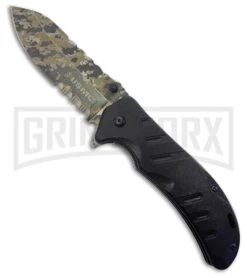 M-Tech USMC Marines Raider Black G-10 Spring Assisted Knife - Green Camo Serr