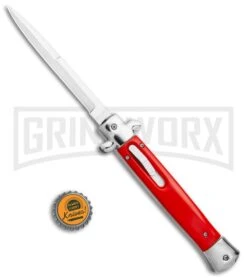 Mago 11" Bayonet Italian Stiletto OTF Knife Red W/Polished Bolster - Satin Plain -Best Knife Shop Mago 11in Red Bayo Italian Stiletto OTF Auto Satin Silver Boster GX 36174 jr bottlecap large