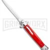 Mago 11" Bayonet Italian Stiletto OTF Knife Red W/Polished Bolster - Satin Plain -Best Knife Shop Mago 11in Red Bayo Italian Stiletto OTF Auto Satin Silver Boster GX 36174 jr large