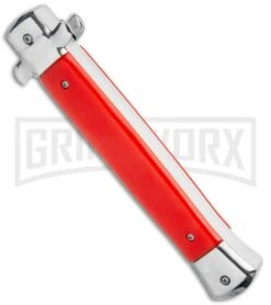 Mago 11" Bayonet Italian Stiletto OTF Knife Red W/Polished Bolster - Satin Plain -Best Knife Shop Mago 11in Red Bayo Italian Stiletto OTF Auto Satin Silver Boster GX 36174 jr side large