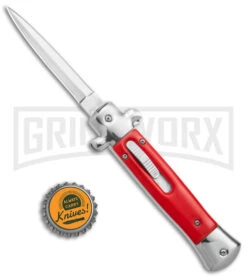 Mago 9" Red Italian Stiletto OTF Automatic - Dagger Satin Plain W/o Clip -Best Knife Shop Mago 9in Red Stiletto OTF Auto Dagger Satin GX 38916 jr bottlecap large