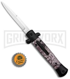 Mago 9" Sidewinder Italian Stiletto OTF Auto Knife Black - Bayonet Satin Plain -Best Knife Shop Mago 9in Sidewinder Italian Stiletto OTF Auto Black Bayo Satin GX 37208 jr bottlecap large