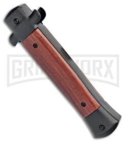 Mago 9" Wood Italian Stiletto OTF Auto Knife Black Bolsters (Satin Bayo) -Best Knife Shop Mago 9in Wood Italian Stiletto OTF Black Bolsters Bayo Satin GX 33949 jr side large