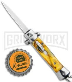 Mago 4.75" Mini Stiletto OTF Automatic Knife - Yellow Marble 11 Mago 4.75" Mini Stiletto OTF Automatic Knife - Yellow Marble -Best Knife Shop Mago Mini OTF Stiletto Yellow GX 34273 jr bottlecap large