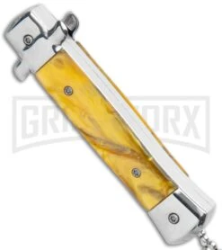 Mago 4.75" Mini Stiletto OTF Automatic Knife - Yellow Marble 9 Mago 4.75" Mini Stiletto OTF Automatic Knife - Yellow Marble -Best Knife Shop Mago Mini OTF Stiletto Yellow GX 34273 jr side large