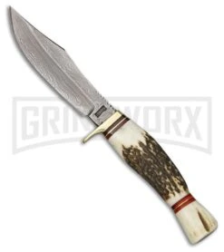 Marble's Sapling Skinner Brown Stag Fixed Blade Knife - Damascus Plain