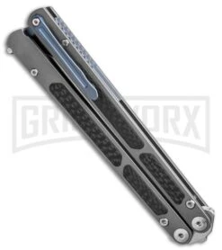Maxace Covenant Titanium/CF Drop Point Balisong - Satin Plain -Best Knife Shop Maxace Covenant Butterfly Gray Handle Satin Blade Drop Point GX 37723 td side large