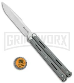 Maxace Knives Balisong Serpent Striker II Gray G-10 - Satin Drop Point Plain -Best Knife Shop Maxace Knives Balisong Serpent Striker II Grey G 10 Satin DP BHQ 120305 jr bottlecap large