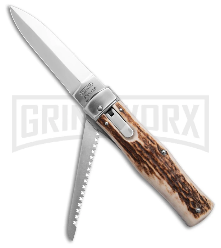 Mikov 241 Predator Stag Automatic Lever Lock Knife W/ Saw & Pocket Clip 3 Mikov 241 Predator Stag Automatic Lever Lock Knife W/ Saw & Pocket Clip