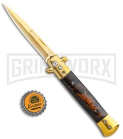 Milano 9" Stiletto Gold/Brown Acrylic Automatic Knife - Bayonet -Best Knife Shop Milano 9in Gold Italian Stiletto Gold Brown Acrylic Auto Bayo Gold GX 36256 jr bottlecap large