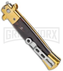 Milano 9" Stiletto Gold/Brown Acrylic Automatic Knife - Bayonet -Best Knife Shop Milano 9in Gold Italian Stiletto Gold Brown Acrylic Auto Bayo Gold GX 36256 jr side large
