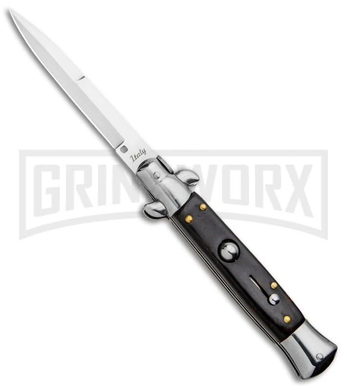 Milano 9" Italian Stiletto Brown Acrylic Automatic Knife - Bayonet Satin 3 Milano 9" Italian Stiletto Brown Acrylic Automatic Knife - Bayonet Satin