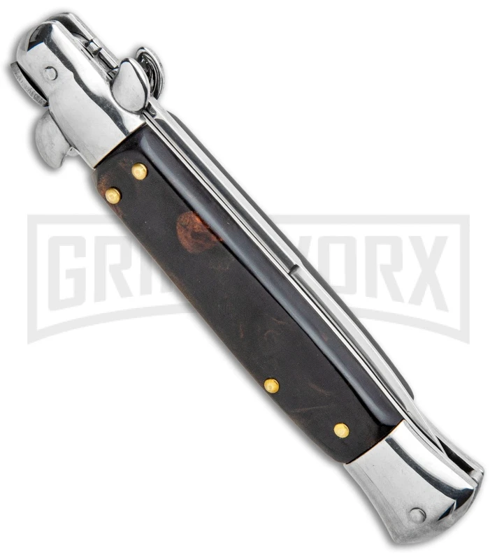 Milano 9" Italian Stiletto Brown Acrylic Automatic Knife - Bayonet Satin 5 Milano 9" Italian Stiletto Brown Acrylic Automatic Knife - Bayonet Satin - Image 3