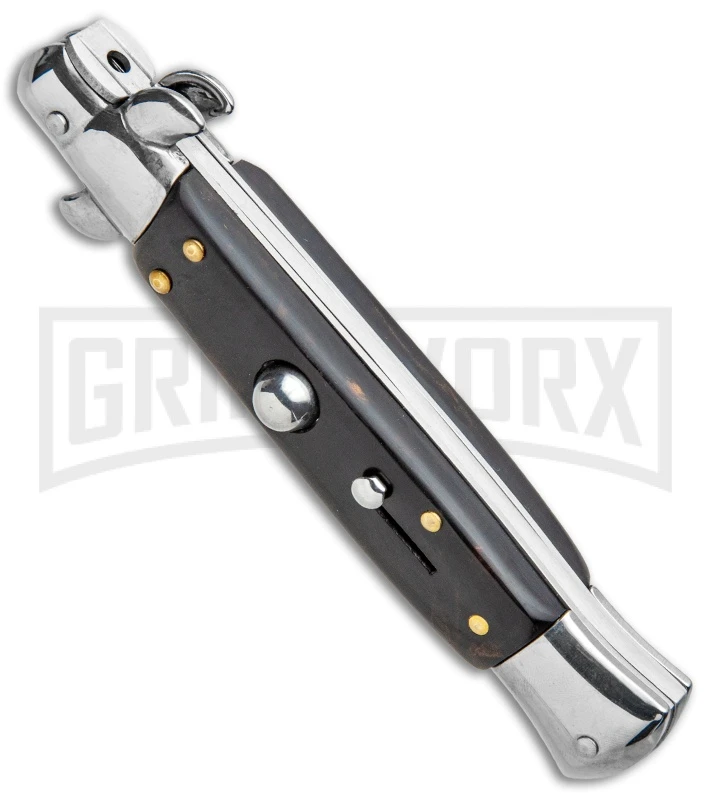 Milano 9" Italian Stiletto Brown Acrylic Automatic Knife - Bayonet Satin 4 Milano 9" Italian Stiletto Brown Acrylic Automatic Knife - Bayonet Satin - Image 2