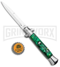 Milano 9" Italian Stiletto Green Swirl Automatic Knife - Bayonet Satin -Best Knife Shop Milano 9in Italian Stiletto Green Swirl Auto Bayo GSE019MGRN GX 33524 jr bottlecap large